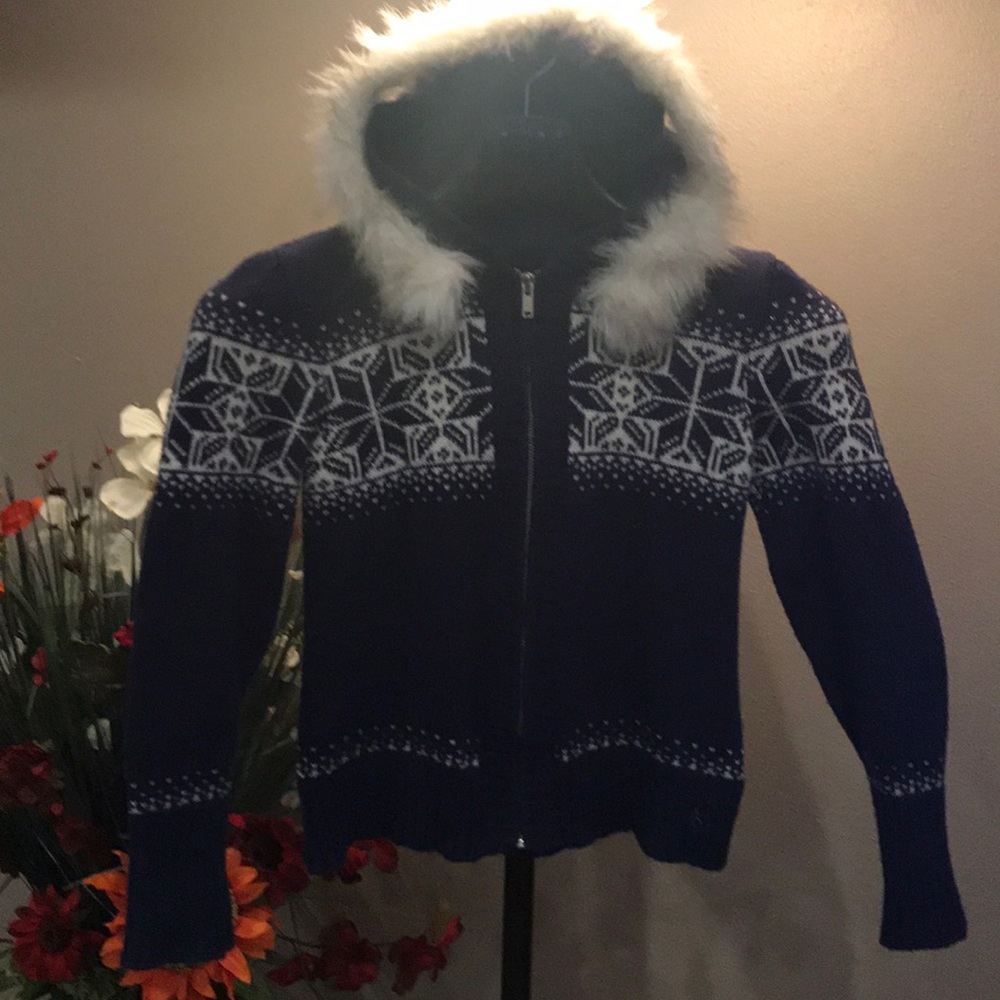 Navy snowflake fur trim hood sweater full zipper